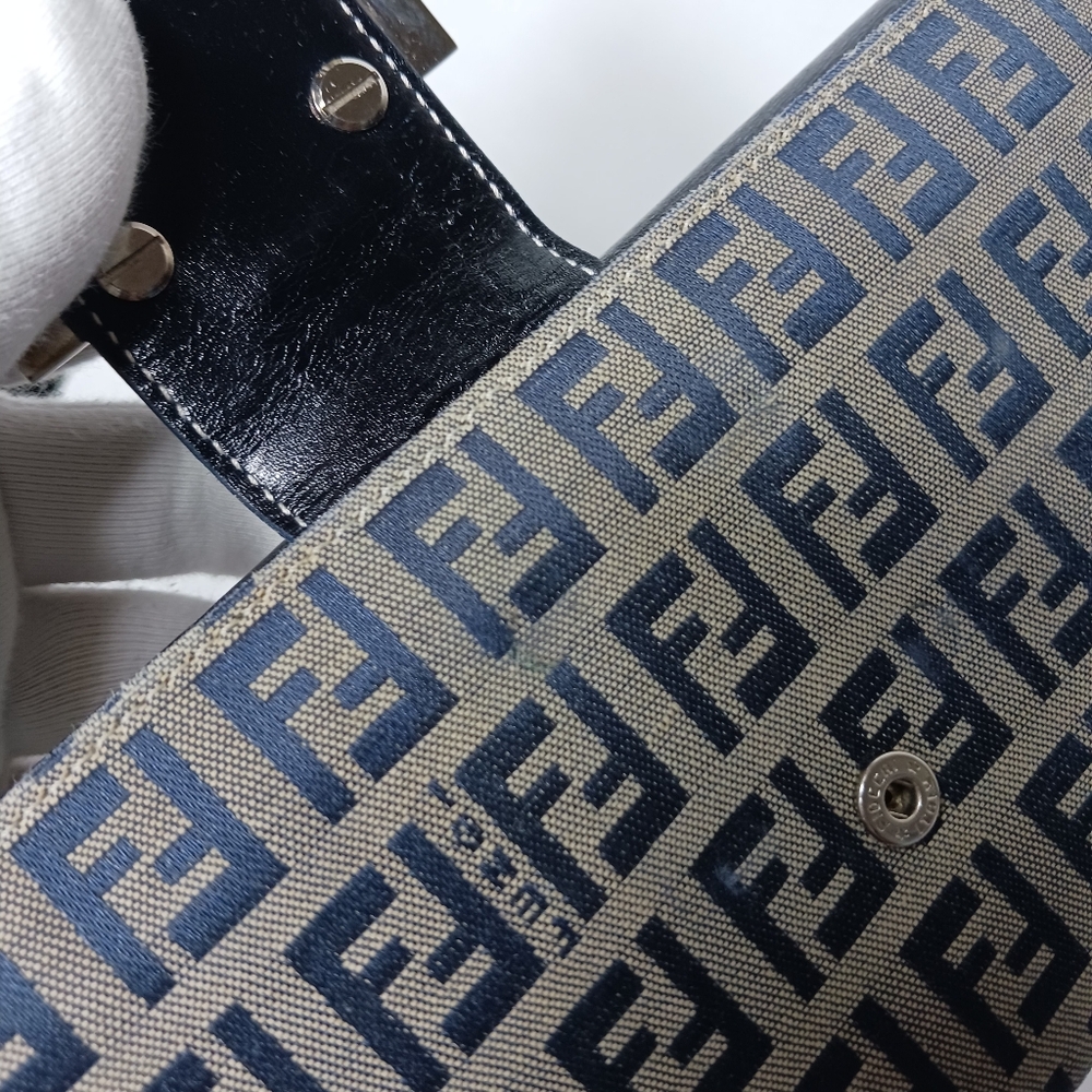 FENDI Zucchino canvas long wallet with button snap silver brass logo navy Blue - Picture 13 of 16